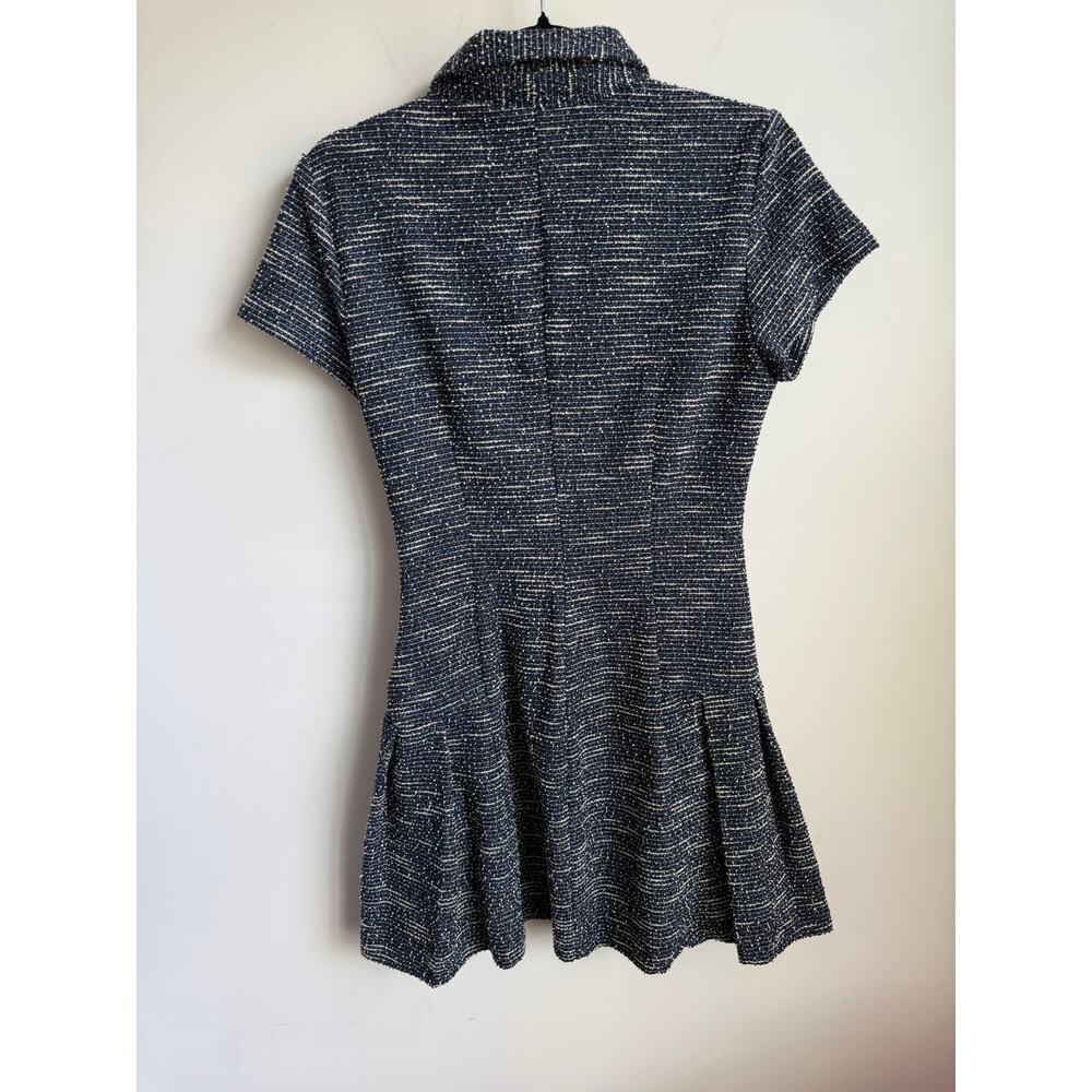 Zara Short Sleeve Collared Ruffle Hem Button-Up Tweed Mini Dress Navy White S - Picture 10 of 10